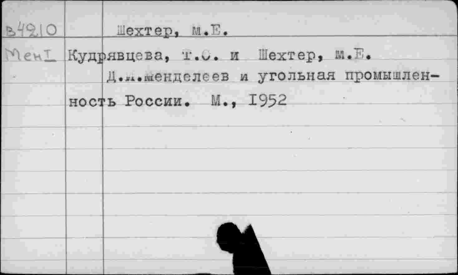 ﻿вЛъю		Шехтер, м.Е.
	КуД]	)явцева, т.о. и Шахтер, Д.»л.Менделеев и угольная промышлен-
	нос:	’Ь России, М,у 1952
		
		
		
		
		
		
		
		